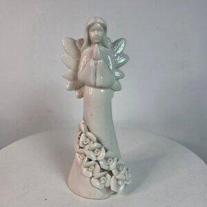 White Ceramic Praying Angel Figurine With Floral Base 5" Tall For Home Decor Or